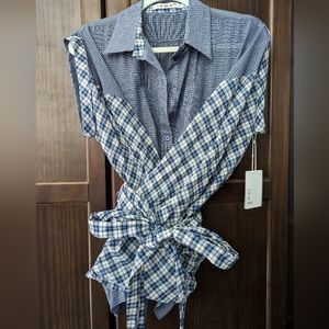 L.A.M.B Mix Media plaid wrap shirt.